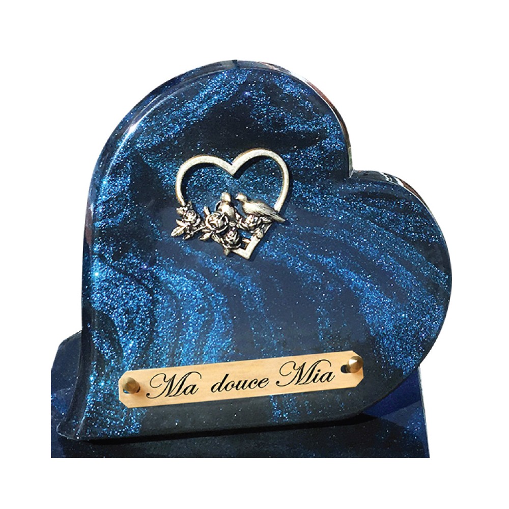 Plaque Funéraire Cœur et Colombe Pailleté bleu en Granit Acrylate